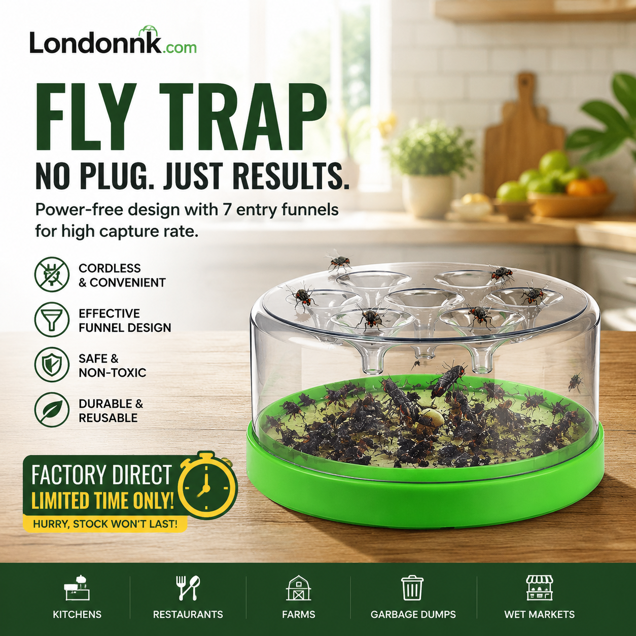 🔌✅ Reusable fly trap—no electricity, no poison! 🏠 Safe to use in the kitchen and around children and pets.