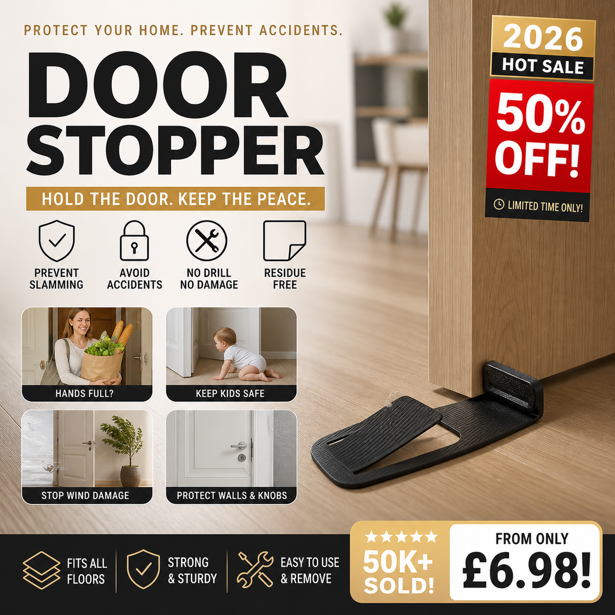🥳2026 HOT SALE🥳🚪Door Stopper Protector –  No-drill, residue-free & holds doors open. Safe & simple – stock up & save! 🏠✅